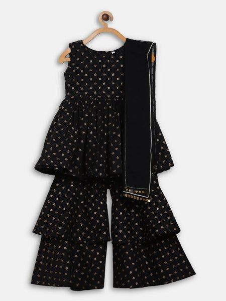 Ahalyaa Black Cotton Gold Print Kids Kurta Sharara Sets For Girls - Distacart
