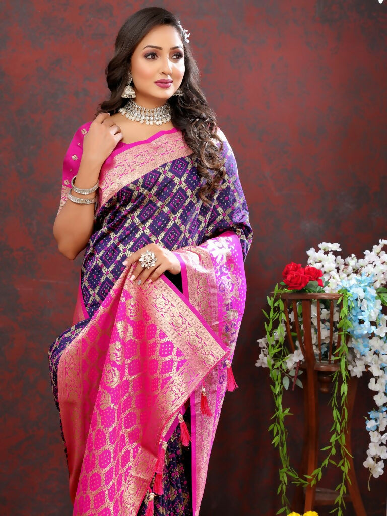 Vastranavya Navy Blue Soft Patola Silk With Meenakari Weaving Motifs And Rich Zari Weaving Pallu Saree With Matching Blouse Fabric - Distacart
