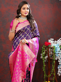 Thumbnail for Vastranavya Navy Blue Soft Patola Silk With Meenakari Weaving Motifs And Rich Zari Weaving Pallu Saree With Matching Blouse Fabric - Distacart