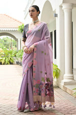 Thumbnail for Vishnu Weaves Women's Lavender Muga Cotton Thread Weaving Saree with Blouse