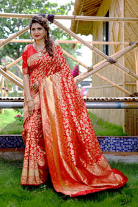 Thumbnail for Partywear Designer Keshri Banarasi Silk Fancy Saree - Starwalk - Distacart