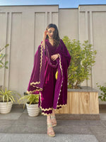 Thumbnail for trueBrowns Wine Velvet Lace Kurta Pant Set - Distacart