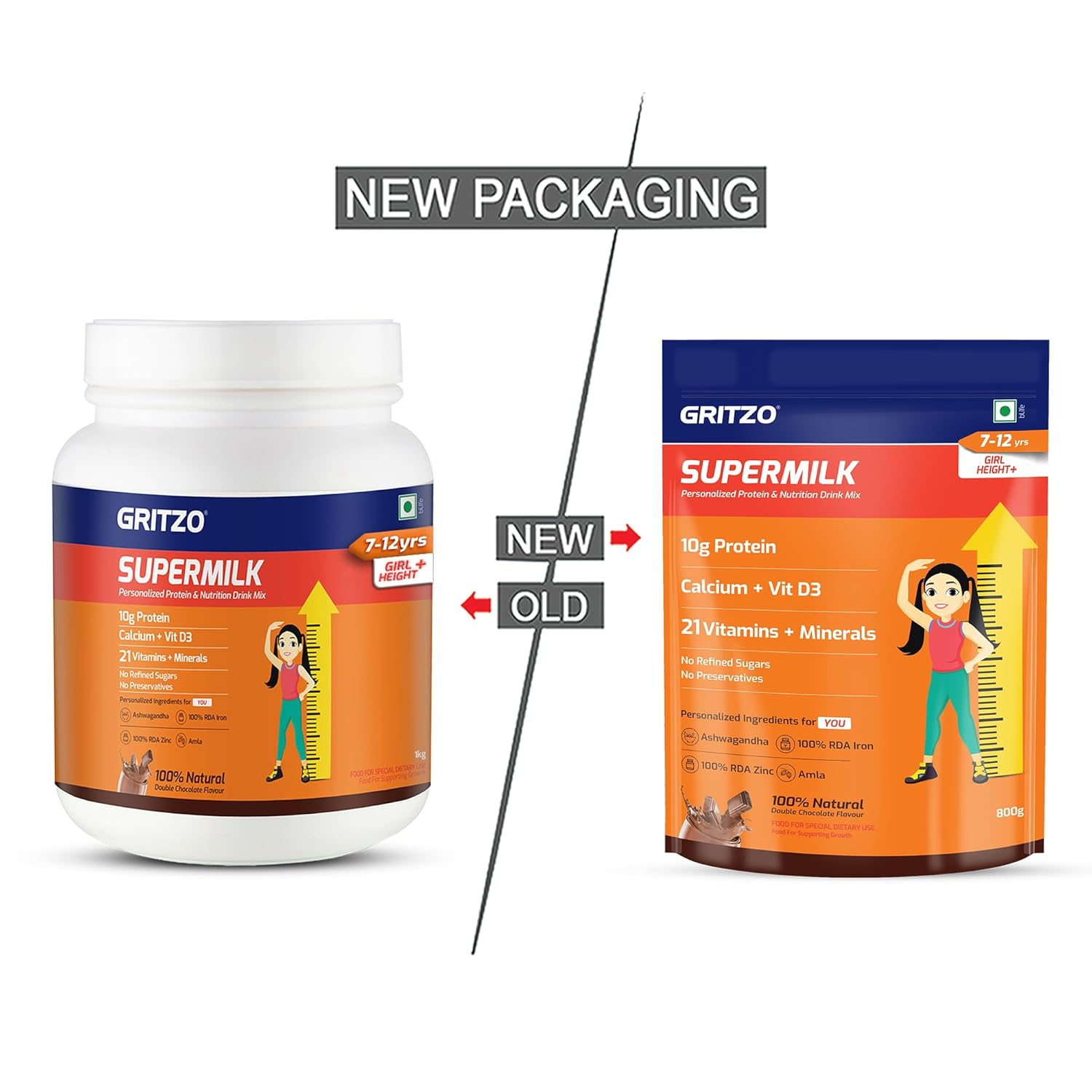Gritzo SuperMilk Height+ Health Drink for 7-12y Girls - Double Chocolate Flavor - Distacart