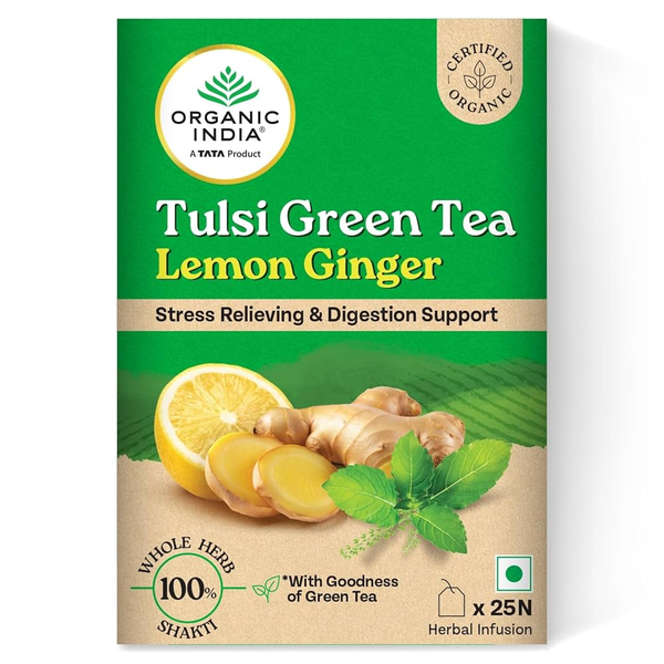 Organic India Tulsi Green Tea Lemon Ginger 25 Tea Bags - Distacart