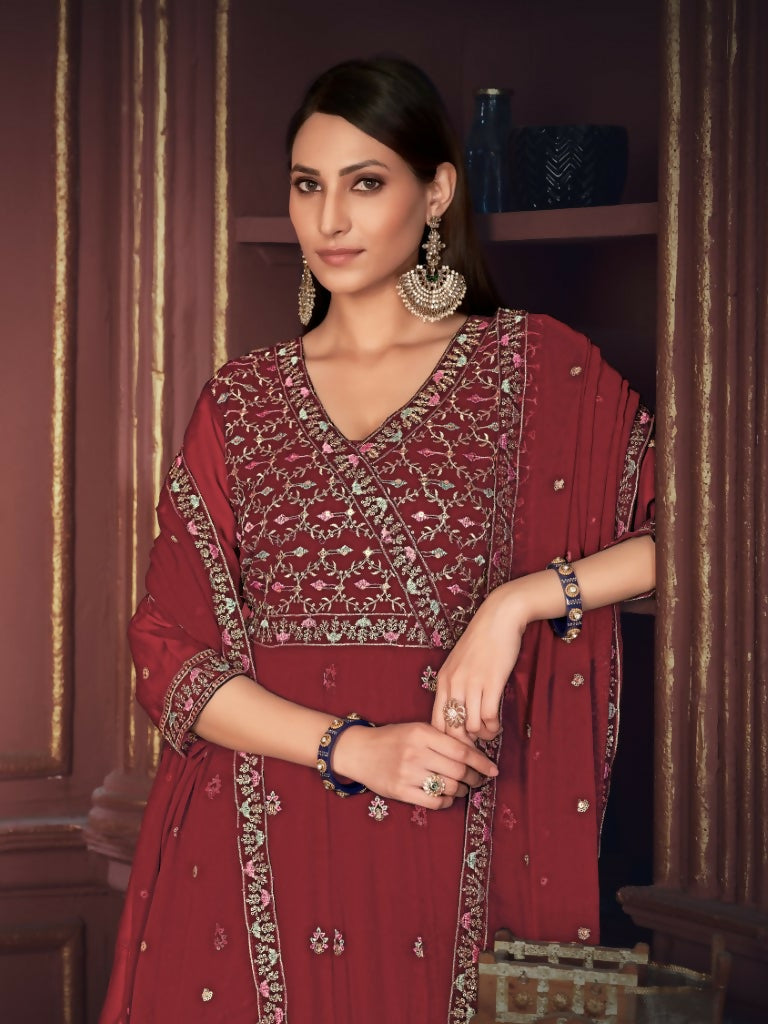 Jyoti Fashion Women's Maroon Georgette Embroidered Anarkali Kurta Pant Set With Dupatta