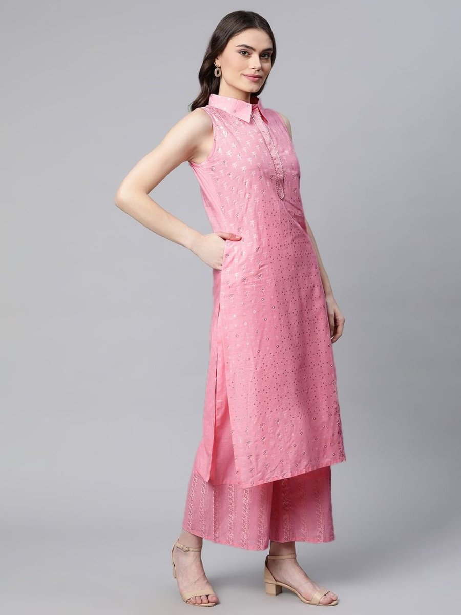 Ahalyaa Women Light Pink Colour Pure Cotton Printed Kurta Palazzo Set - Distacart