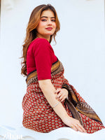 Thumbnail for Zibaa Hand-Blocked Pure Maheshwari Silk Red Saree - Small Motifs