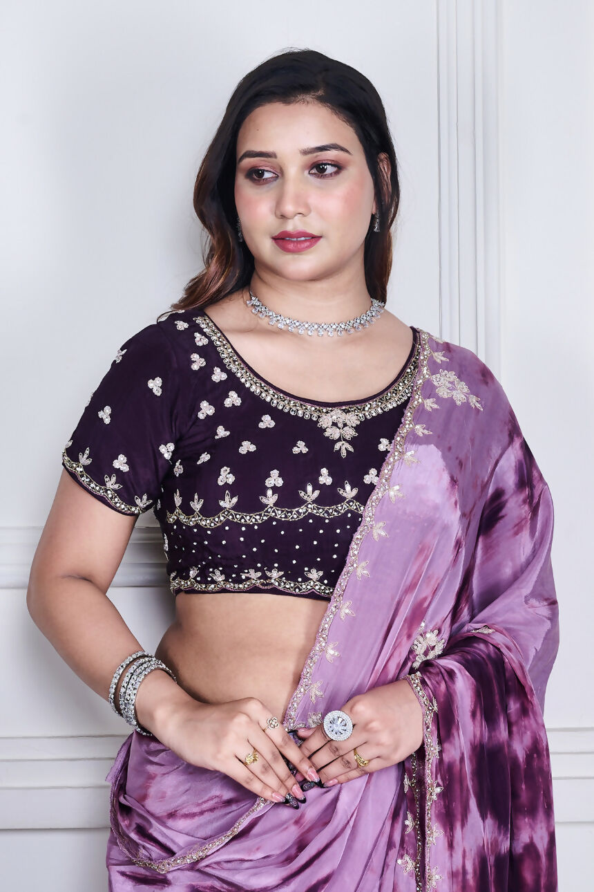 Morchari Wine Crepe Hand Embroidery Saree And Stitched Blouse
