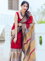 Thumbnail for Zibaa Hand-Blocked Pure Maheshwari Silk Red Saree