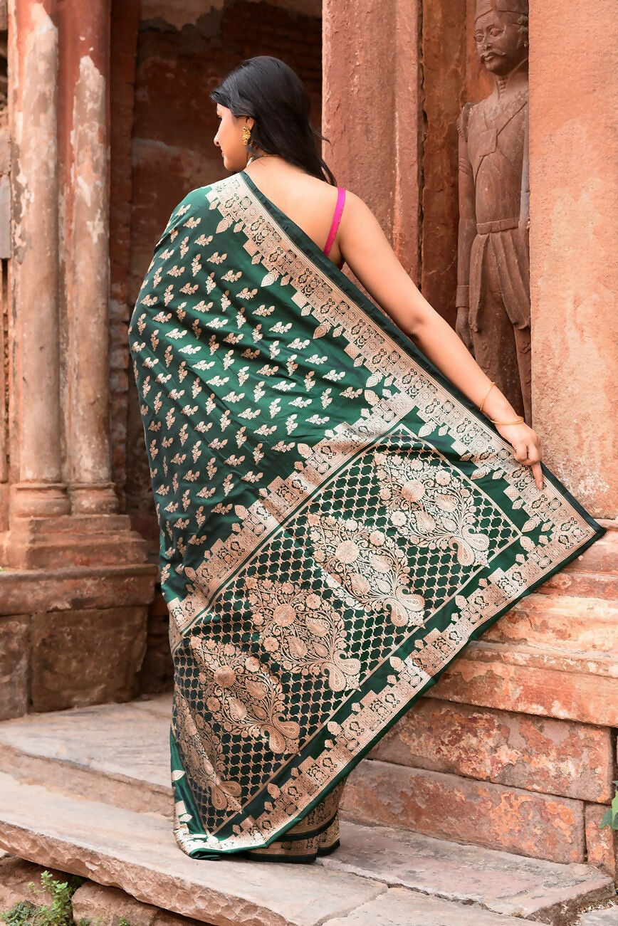 Joban Fashion Emerald Green Banarasi Katan Pure Handloom Banarasi Silk Saree
