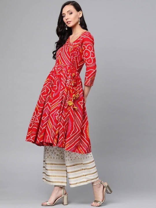 Anubhutee Red & Off-White Bandhani Print Kurta with Palazzos - Distacart