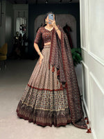 Thumbnail for Vastranavya Bandhej And Ajarakh Print Tussar Silk Lehenga Choli - Brown - Distacart