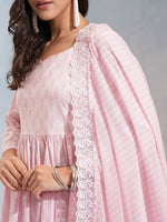 Thumbnail for Vishudh Pink Ethnic Motifs Printed Pure Cotton Anarkali Kurta With Trousers & Dupatta - Distacart