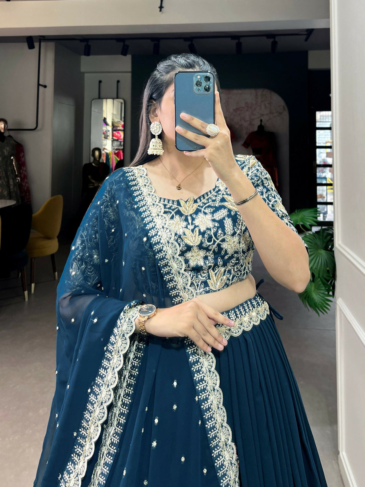 Vastranavya Gorgeous Georgette Lehenga Choli With Embroidered Banglory Blouse - Teal
