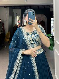Thumbnail for Vastranavya Gorgeous Georgette Lehenga Choli With Embroidered Banglory Blouse - Teal