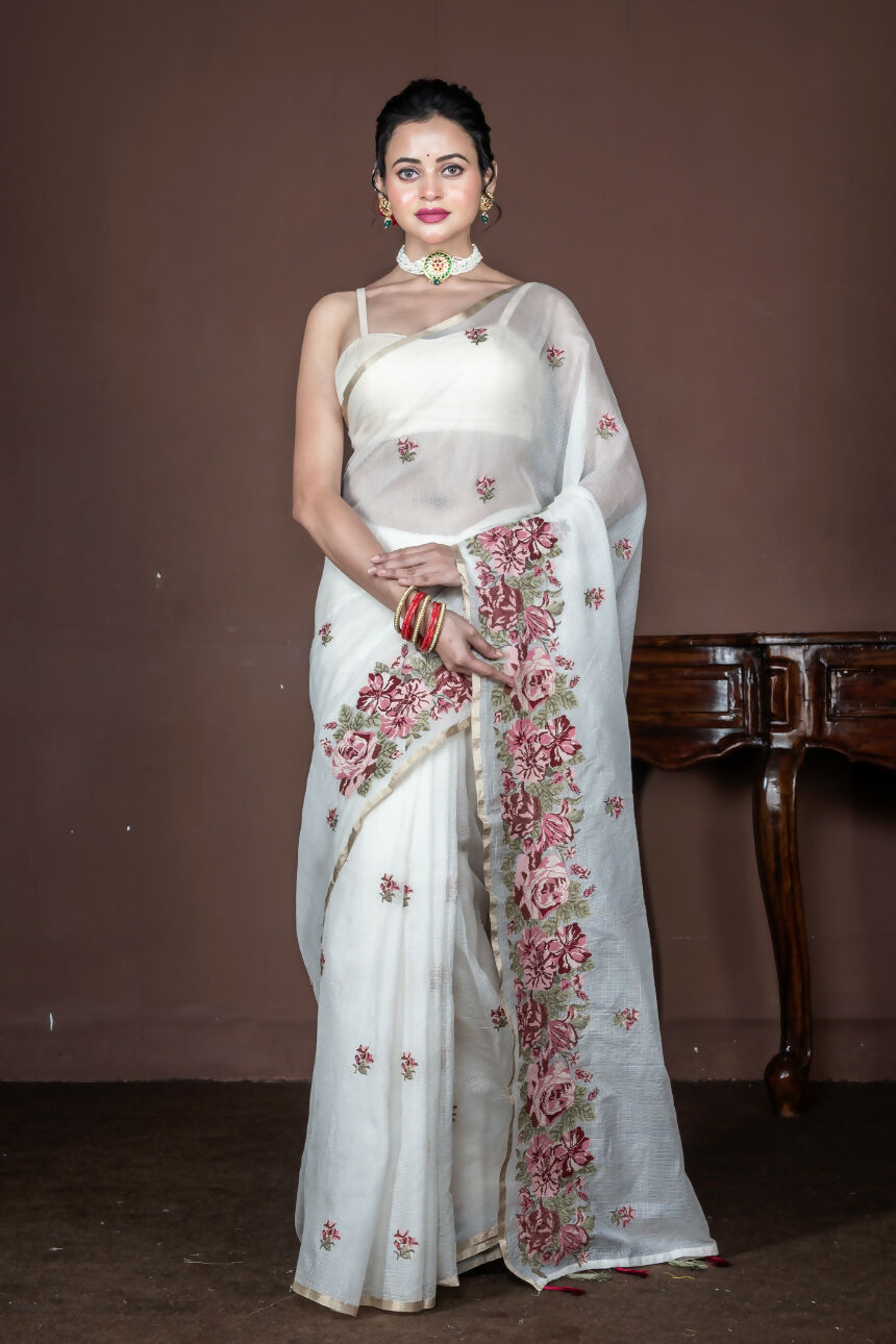 Morchari Off White Supernet Cross Embroidery Saree Unstitched Blouse