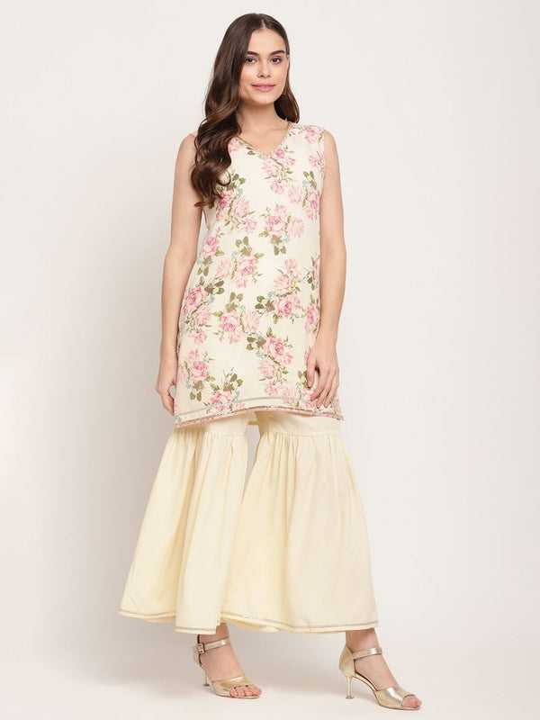 Ahalyaa Women's Beige Crepe Digital Floral Print Kurta Sharara Set with Dupatta - Distacart