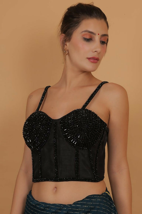 Joban Fashion Silk Pearl And Beads Hand Embroidery Padded Blouse - Black