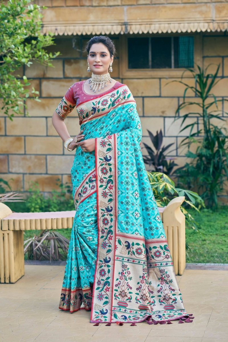 Aastha Fashion Turquoise Woven Patola Silk Saree with Blouse - Distacart