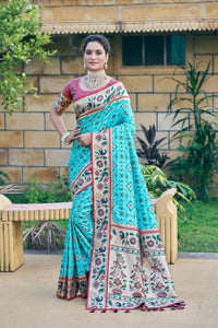 Thumbnail for Aastha Fashion Turquoise Woven Patola Silk Saree with Blouse - Distacart