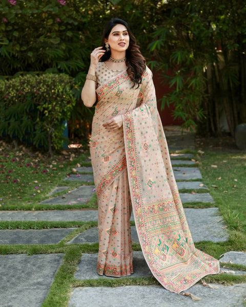Vastranavya Luxury and Beautiful Soft, Smooth, Flowing Original Pashmina Soft Cotton Saree with Matching Blouse Fabric - Beige - Distacart