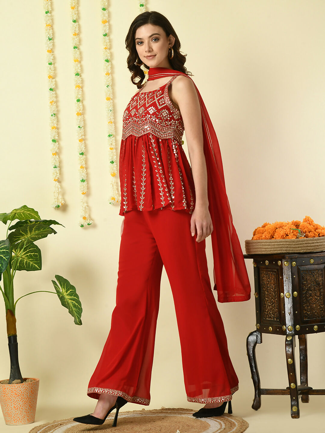 Myshka Women's Red Georgette Top & Palazzos With Dupatta Party Sets - Distacart