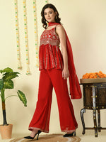 Thumbnail for Myshka Women's Red Georgette Top & Palazzos With Dupatta Party Sets - Distacart