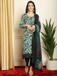 Thumbnail for Aastha Fashion Women's Navy Blue Muslin Digital Printed with Embroidered Lace work Kurta with Trouser & Dupatta - Distacart