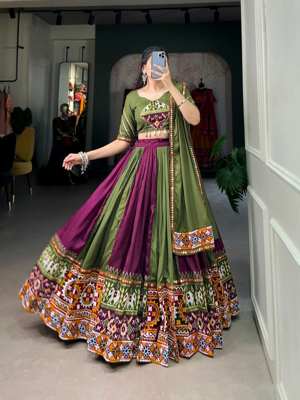 Vastranavya Navaratri Special Rayon with Printed Patch With Gota Patti And Paper Mirror Work And Cowrie (Kodi) Lace Touch Up Lehenga with Stitched Blouse - Wine - Distacart