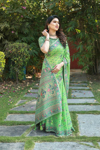 Thumbnail for Vastranavya Luxury and Beautiful Soft, Smooth, Flowing Original Pashmina Soft Cotton Saree with Matching Blouse Fabric - Pista
