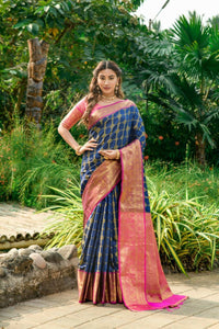 Thumbnail for Aastha Fashion Navy Blue Woven Kanchipuram Silk Saree with Blouse - Distacart