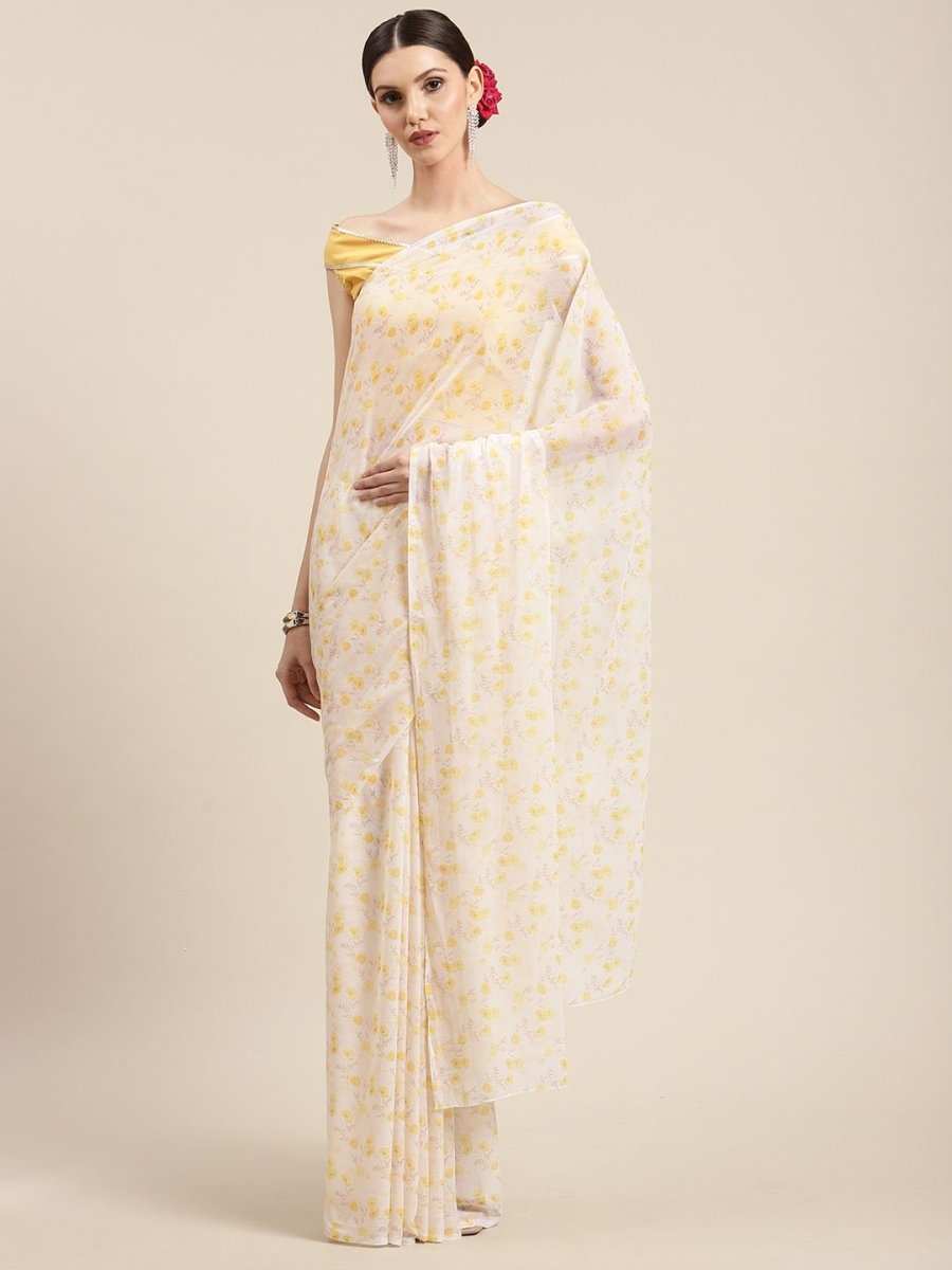 Ahalyaa Yellow Chiffon Digital Print Floral Saree - Distacart