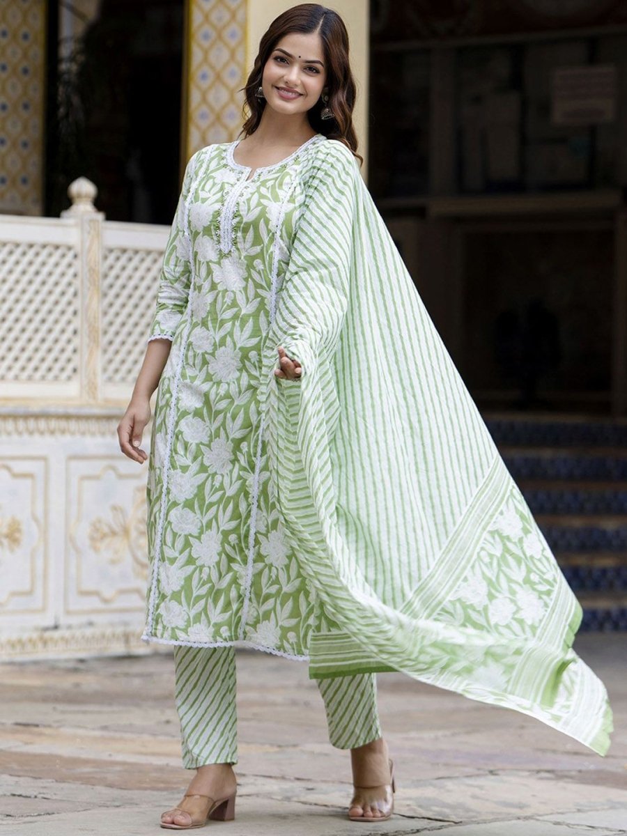 Anouk Floral Embroidered Regular Pure Cotton Straight Kurta with Trouser & Dupatta