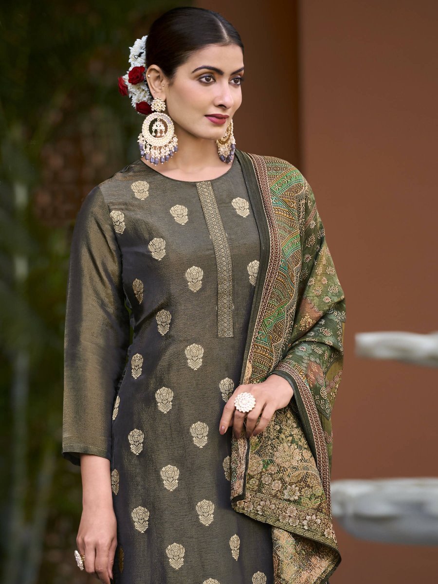 Aastha Fashion Women's Green Pure Silk Elegant Jacquard Woven Kurta with Trouser & Dupatta - Distacart