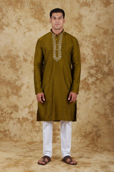 Bluesaanchi Men's Handloom Embroidered Field Drab Kurta Set - Distacart