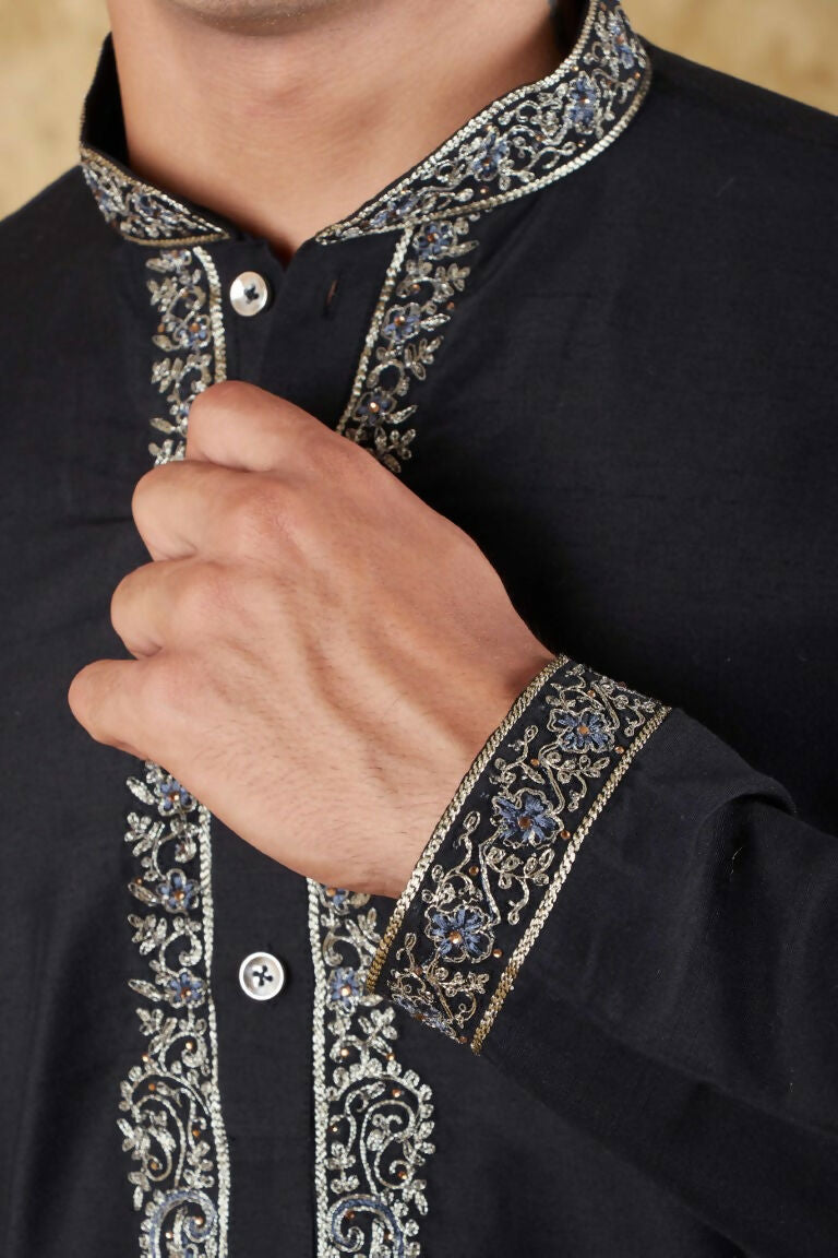 Bluesaanchi Men's Sunshine Handwoven Embroidered Black Kurta Set - Distacart