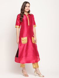 Thumbnail for Ahalyaa Women's Dark Pink Poly Silk Kurta Trouser Set