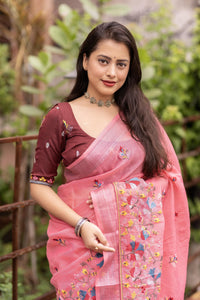 Thumbnail for Pink Pure Linen Ethnic Motifs Saree with Unstitched Blouse - A2M