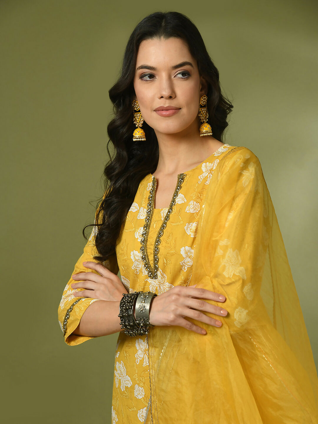Myshka Women's Yellow Printed Cotton Straight Party Kurta Set With Dupatta - Distacart