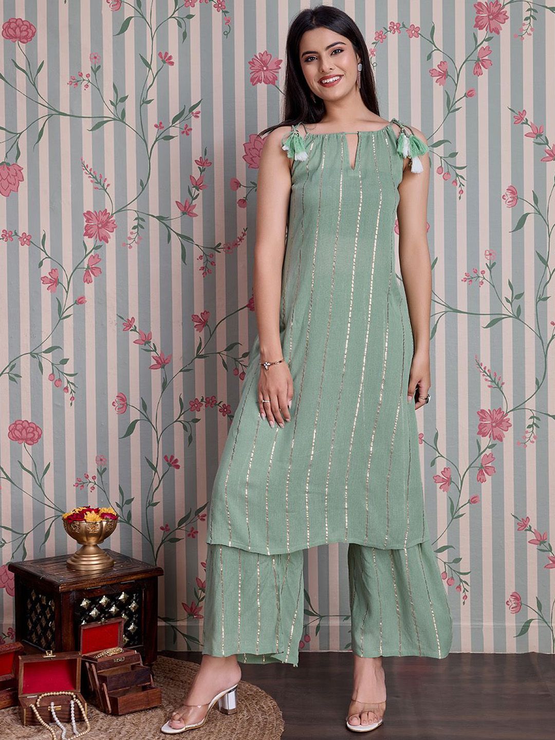 Ode by House of Pataudi Striped Straight Kurta with Palazzos - Distacart
