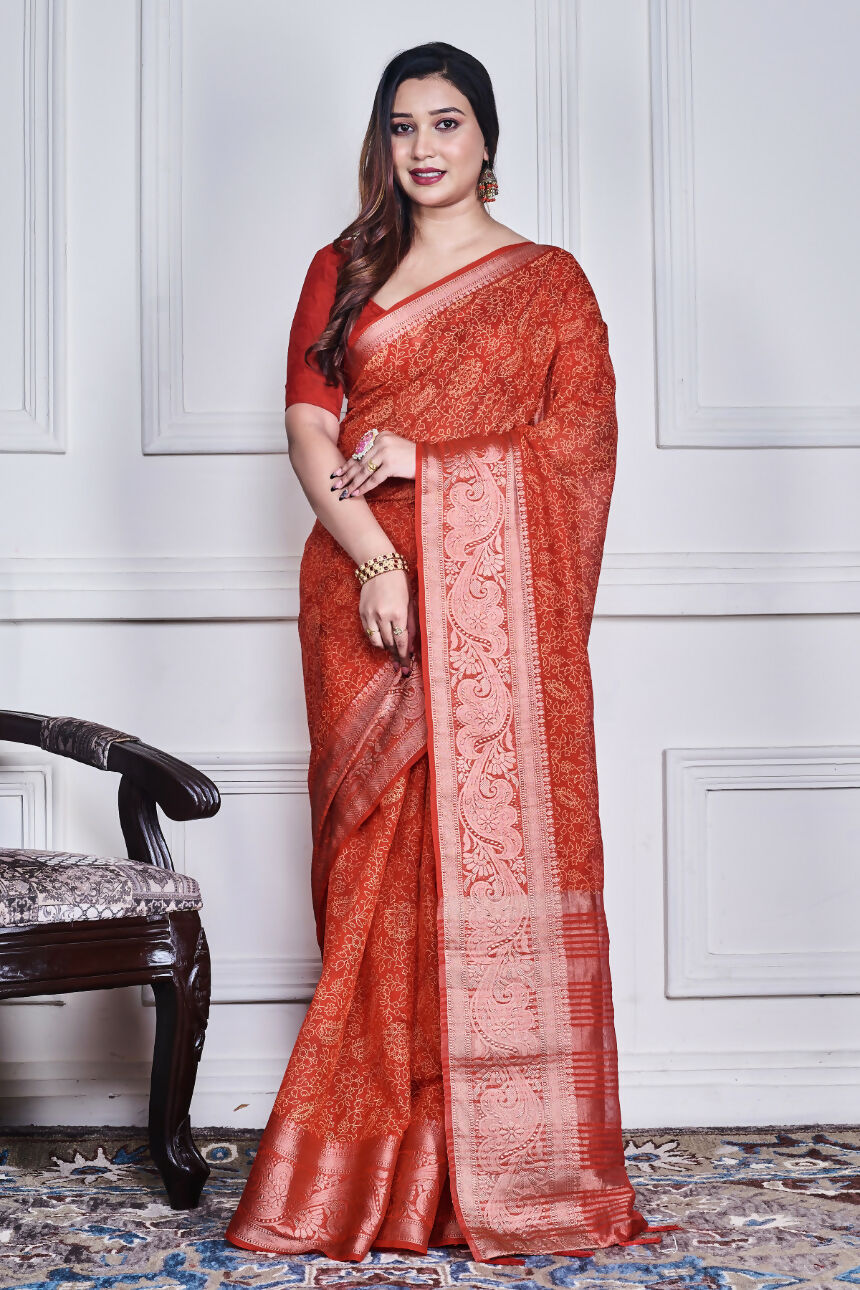 Morchari Red Script Printed Orzanga Saree Unstitched Blouse