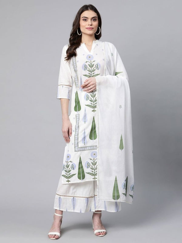 Ahalyaa Women Off White Colour Pure Cotton Printed Kurta Palazzo Set With Dupatta - Distacart