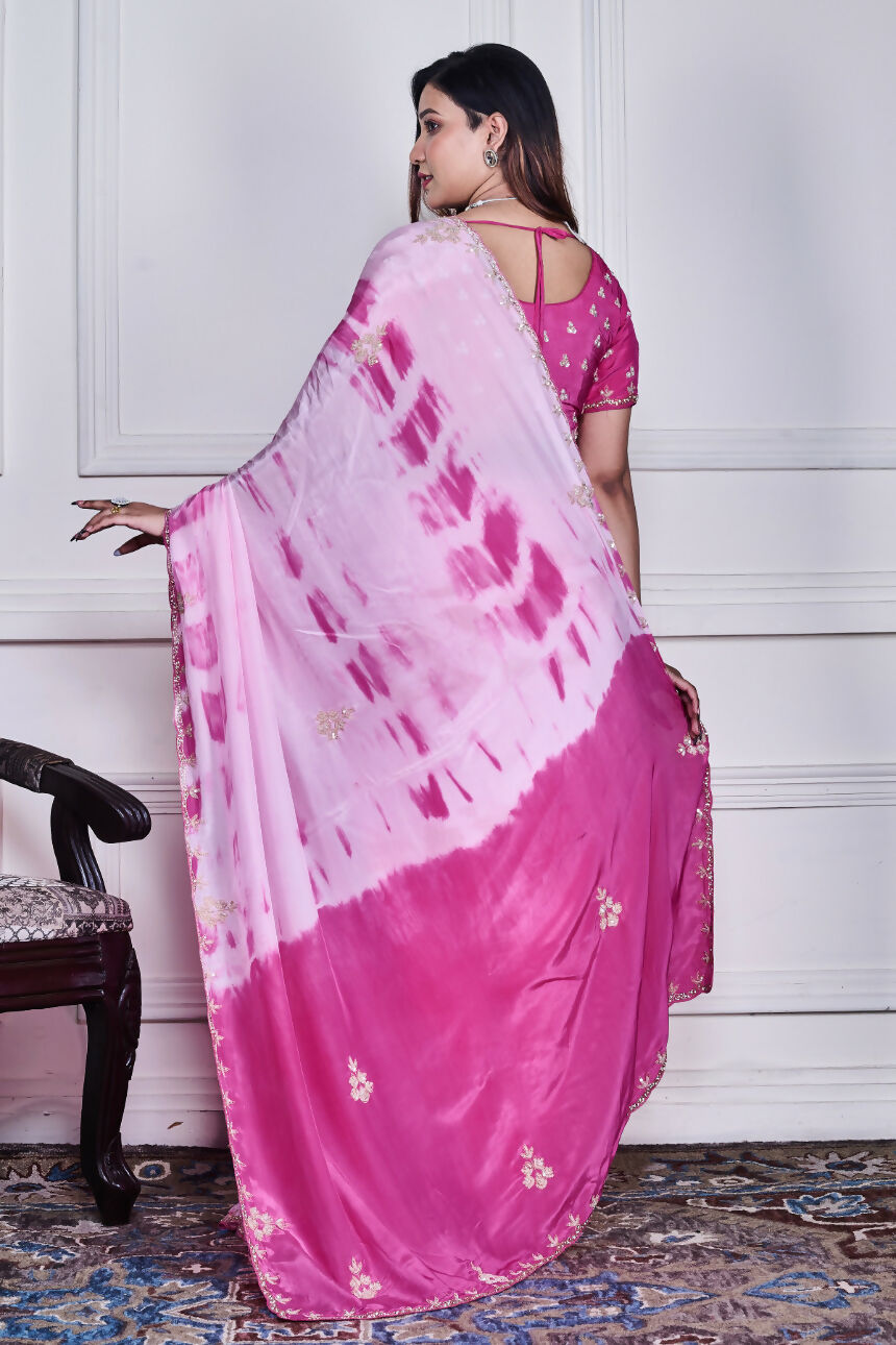 Morchari Pink Crepe Hand Embroidery Saree And Stitched Blouse