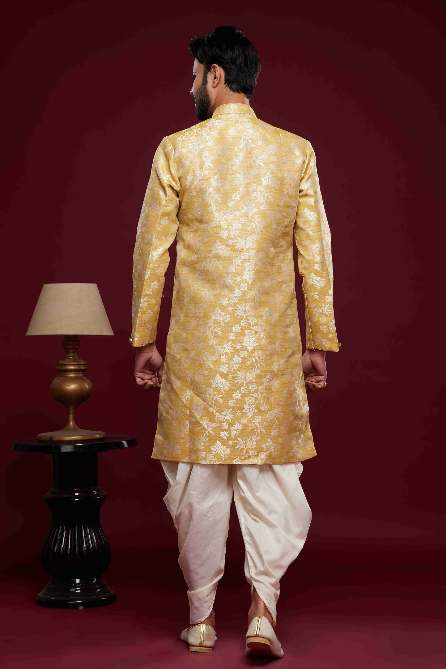 Raivat Ethnic Banarasi Jacquard Embroidery Semi Indo Western Sherwani In Cream Beige Colour