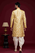Thumbnail for Raivat Ethnic Banarasi Jacquard Embroidery Semi Indo Western Sherwani In Cream Beige Colour