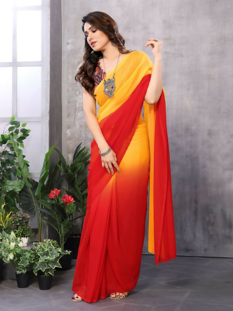 Partywear Designer Yellow & Red Georgette Fancy Saree - Satrangi