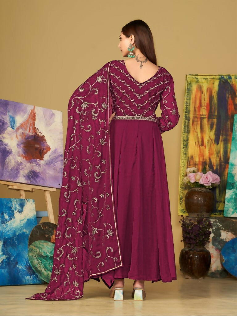 Jyoti Fashion Women's Rani Pink Georgette Embroidered Anarkali Kurta Pant Set With Dupatta
