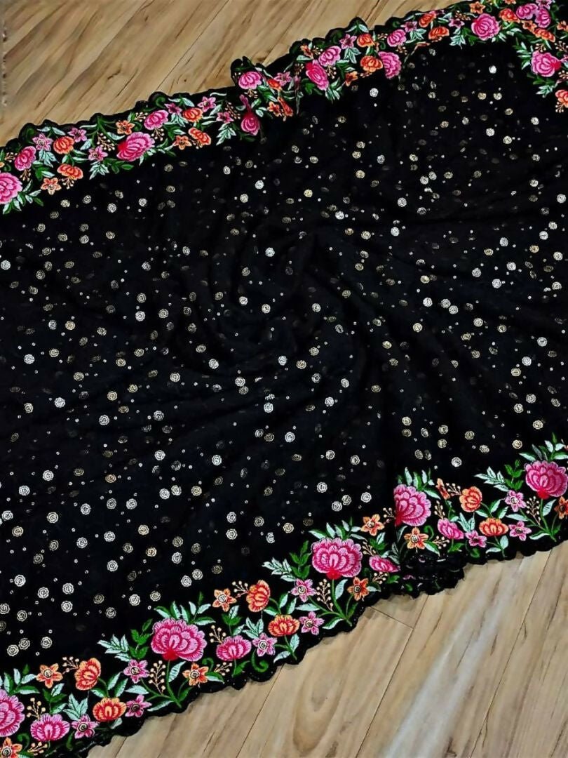 Aastha Fashion Black Soft Georgette Fabric Beautiful Sequence and multicolored Embroidery work Saree