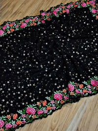 Thumbnail for Aastha Fashion Black Soft Georgette Fabric Beautiful Sequence and multicolored Embroidery work Saree