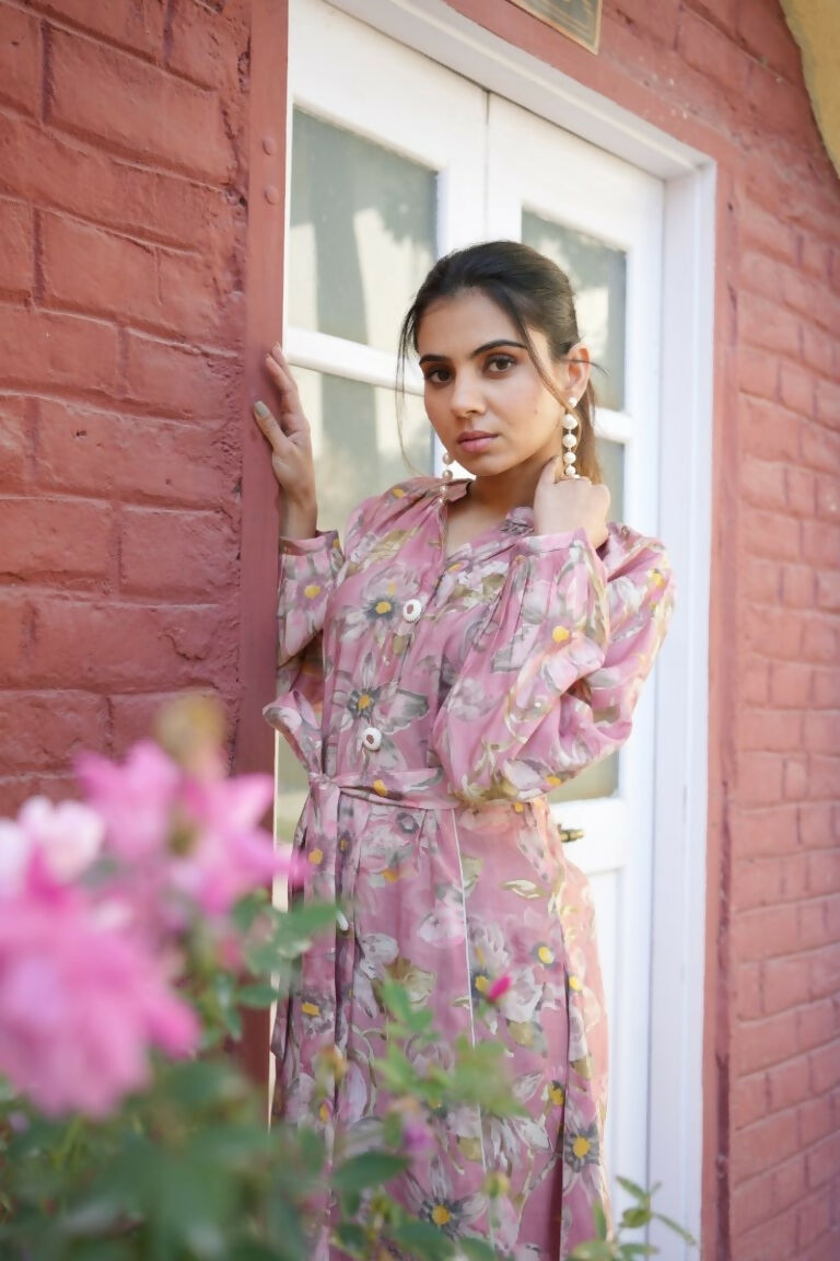 Vaasva Women Pink Muslin Floral Printed Knee Length Dress - Distacart